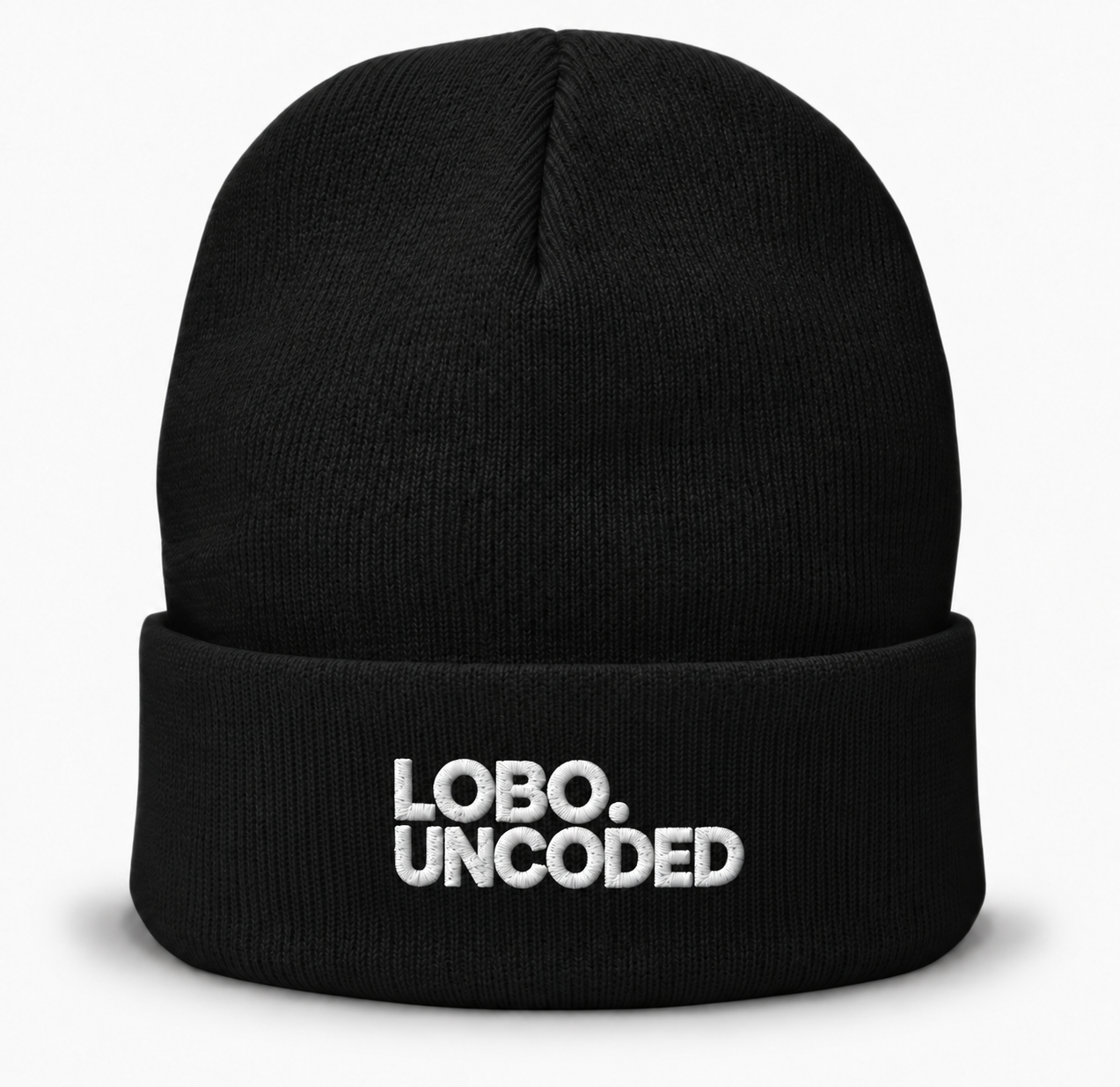 Black LOBO.UNCODED beanie with a white two-line logo embroidered directly into the knit